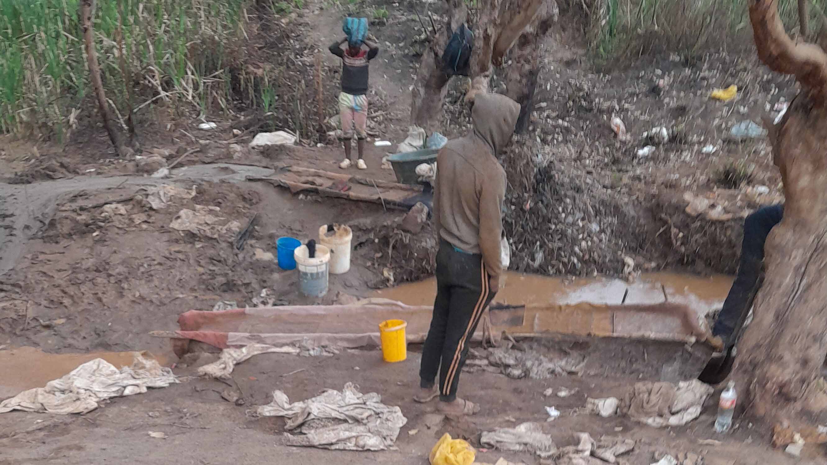 One of the working stations of the zama zamas were the gold is purified from the soil after being fetched at the Pigg's Peak Old Mine.